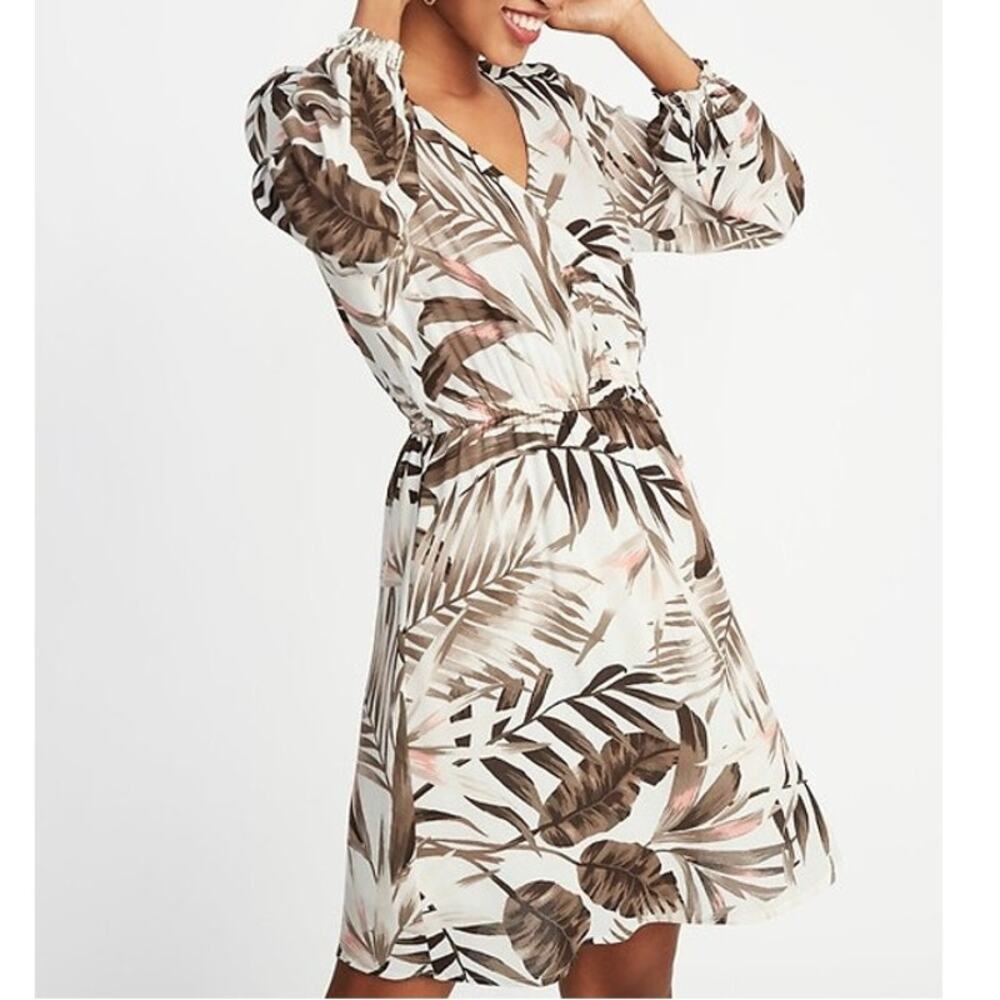 Old Navy White Palm Print Waist Defined Cross-Front Crepe Dress